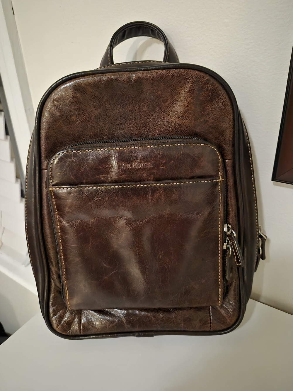 Womens Brown Genuine Leather Backpack Sling Bag Via Roma